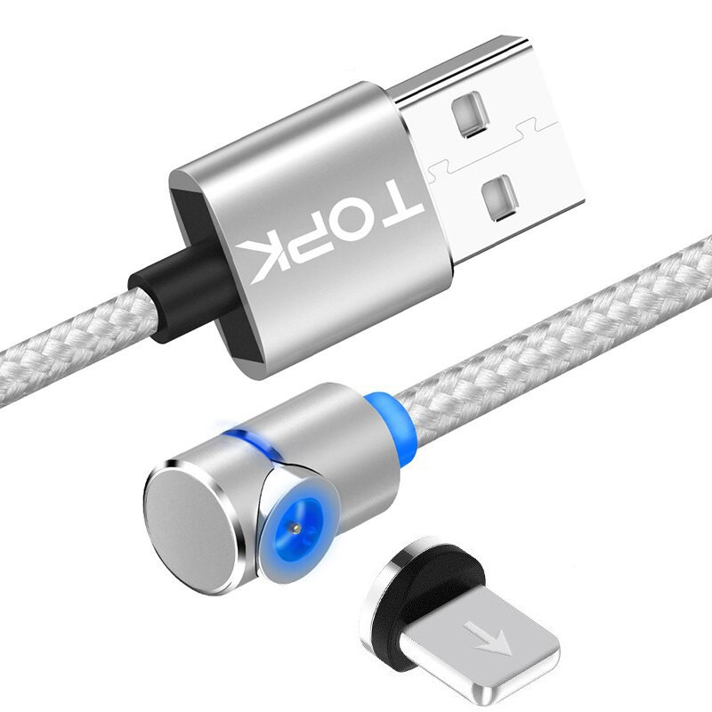 Магнітний кабель 1 метр TOPK AM51 Lightning (iPhone) 2.4A Срібло ПОВОРОТ 90°