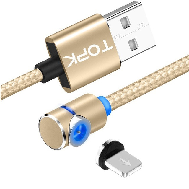 Магнітний кабель 1 метр TOPK AM51 Lightning (iPhone) 2.4A Золото ПОВОРОТ 90°