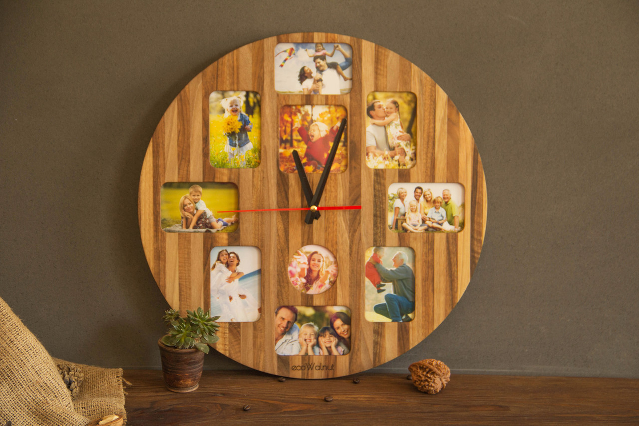 Декоративний дерев'яний настінний годинник рамка зі світлинами