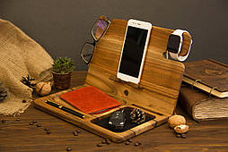 Дерев'яний настільний органайзер для телефона, планшета, окулярів, годинників iWatch, ключів