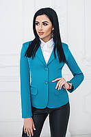 Стильный деловой женский приталенный пиджак на две пуговицы и сзади-шлица размеры 42-58. Арт-4075/58 бирюзовый