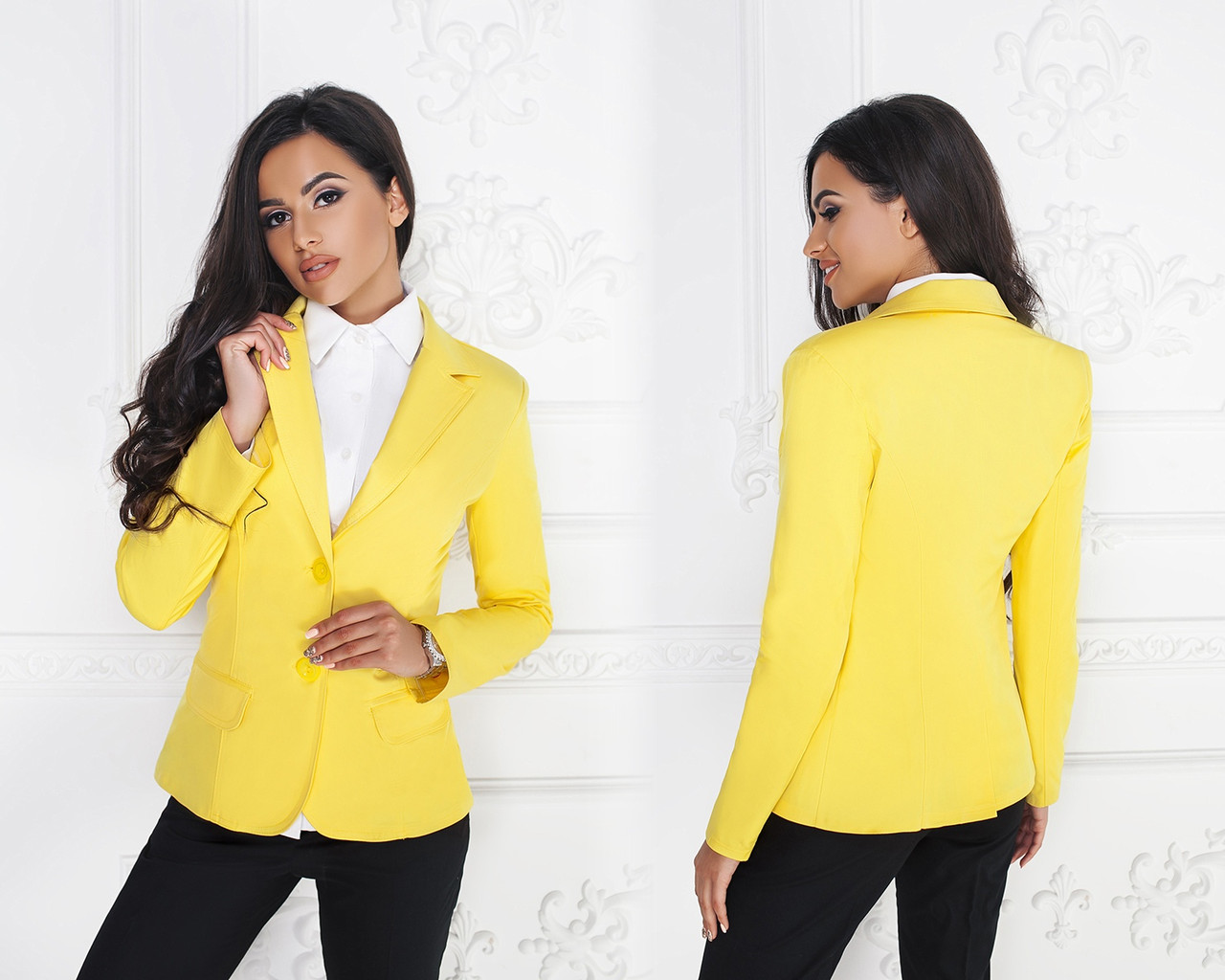 Стильный деловой женский приталенный светлый пиджак на две пуговицы и сзади-шлица размеры 42-58. Арт-4075/58 - фото 2 - id-p747176313