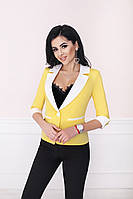 Красивый короткий двухцветный коттоновый женский стильный пиджак с рукавом 3/4 р.42-52. Арт-4073/58 желтый