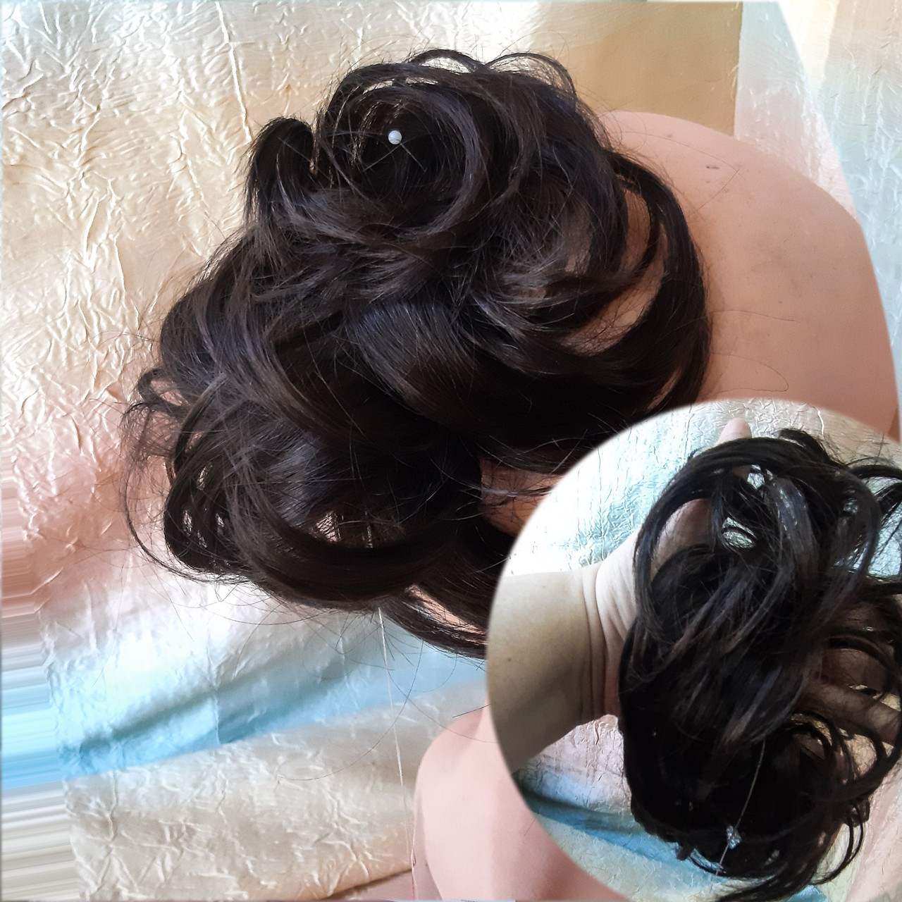 Гумка шиньон з термоволосся чорно-шоколадний  0215А-4, фото 1