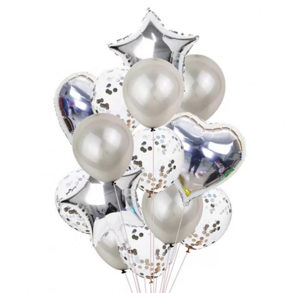 Набір повітряних і фольгованих куль з конфеті срібло (14 шт.), фото 1