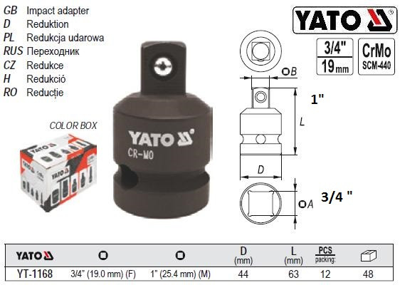 Перехідник ударний F=3/4" на квадрат М=1 l=63 мм YT-1168