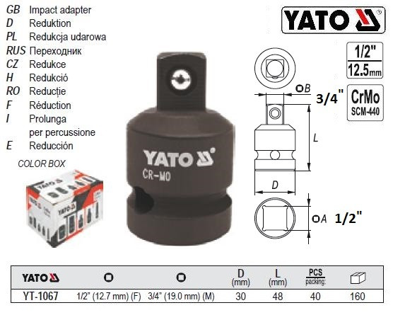 Перехідник ударний 1/2"-3/4" l=48 мм YATO-1067