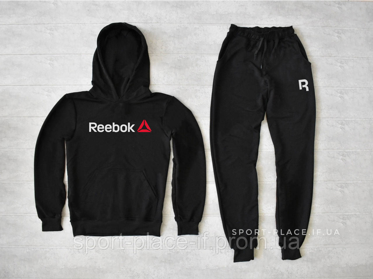 Чоловічий спортивний костюм Reebok (Рібок) чорний , толстовка велика емблема, штани худі кенгуру