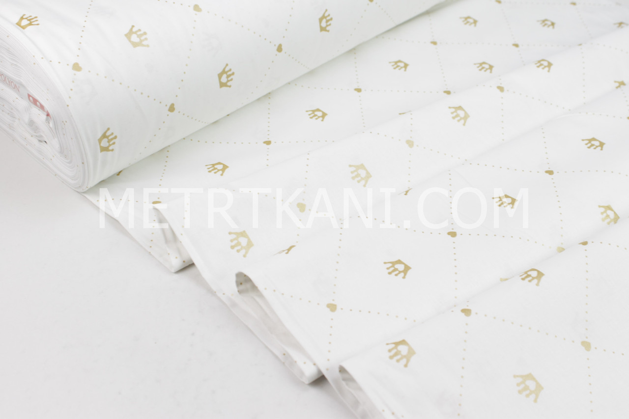 Тканина ранфорс " Корони на точкових ромбах із сердечками" золото (глітер) на білому Туреччина 240 см, фото 1