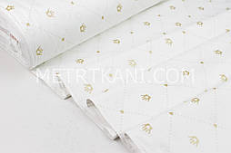 Тканина ранфорс " Корони на точкових ромбах із сердечками" золото (глітер) на білому Туреччина 240 см