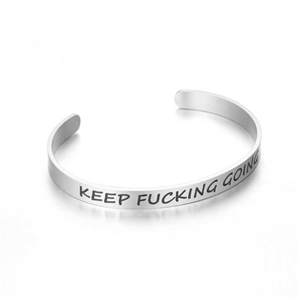 Жорсткий браслет з зовнішньої написом "Keep Fucking Going..." сріблястий, фото 1