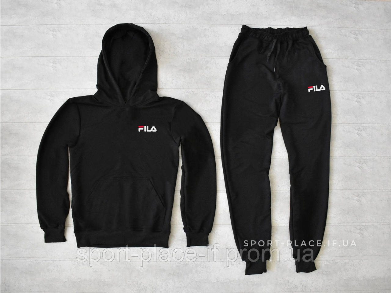 Чоловічий спортивний костюм Fila (Філа) чорний , толстовка маленька емблема, штани худі кенгуру