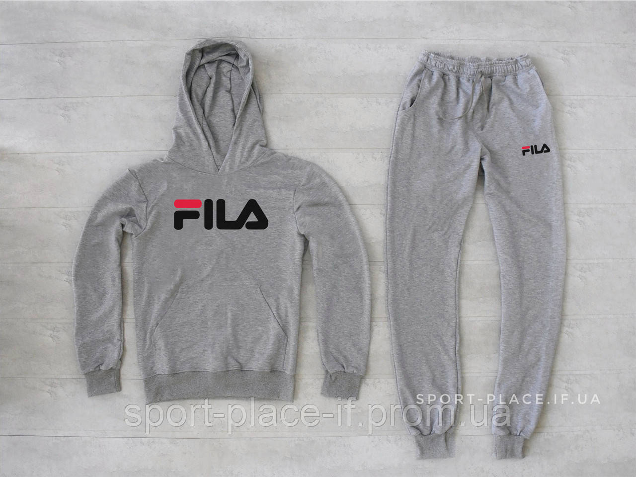 Чоловічий спортивний костюм Fila (Філа) світло сірий , толстовка велика емблема, штани худі кенгуру