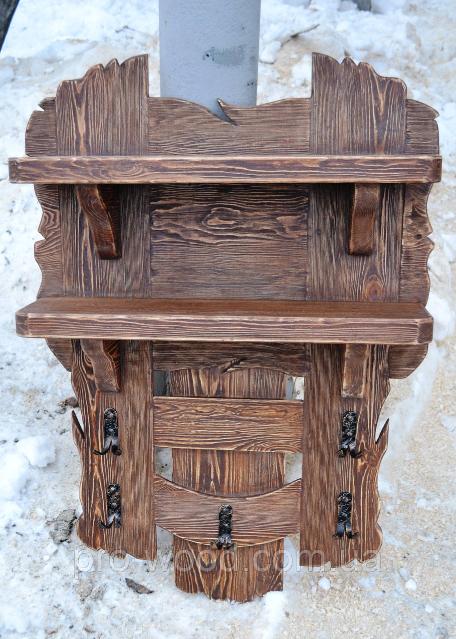 Вішалка — полиця настінна під старовину дерев'яна, фото 1