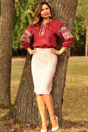 Жіноча вишиванка Меланія, італійський льон, бордова, фото 3