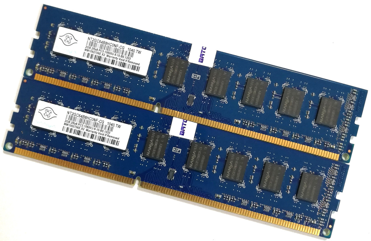 Пара оперативної пам'яті Nanya DDR3 4Gb (2Gb+2Gb) 1333MHz PC3-10600U 2R8 CL9 (NT2GC64B8HC0NF-CG) Б/В