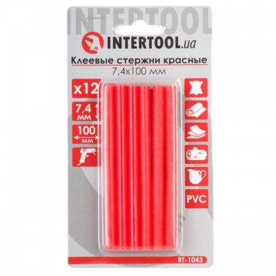 Комплект червоних клейових стрижнів 7.4 мм*100мм, 12шт. INTERTOOL RT-1043