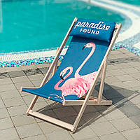 Раскладной деревянный шезлонг для дачи, пляжа и кафе «Фламинго Paradise found» Лежак 110х60 см (SHZL_19L011)