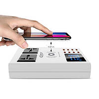 Мережева зарядна станція 8x USB, QI передавач, 2 розетки LED YC-CDA10W