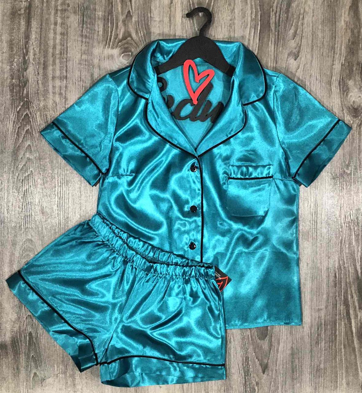 Бірюзовий піжамний комплект з атласу: сорочка та шортики