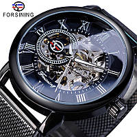 Механические часы Forsining Skeleton, мужские наручные часы форсининг, оригинальные чёрные часы