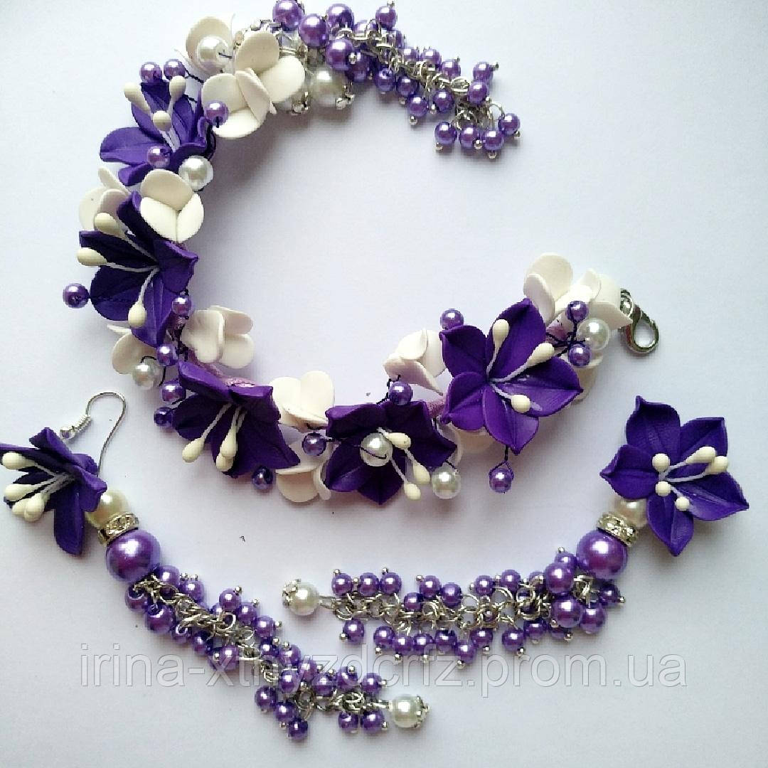 Браслет та сережки з фіолетовими ліліями з полімерної глини та колишніми перлами, фото 1
