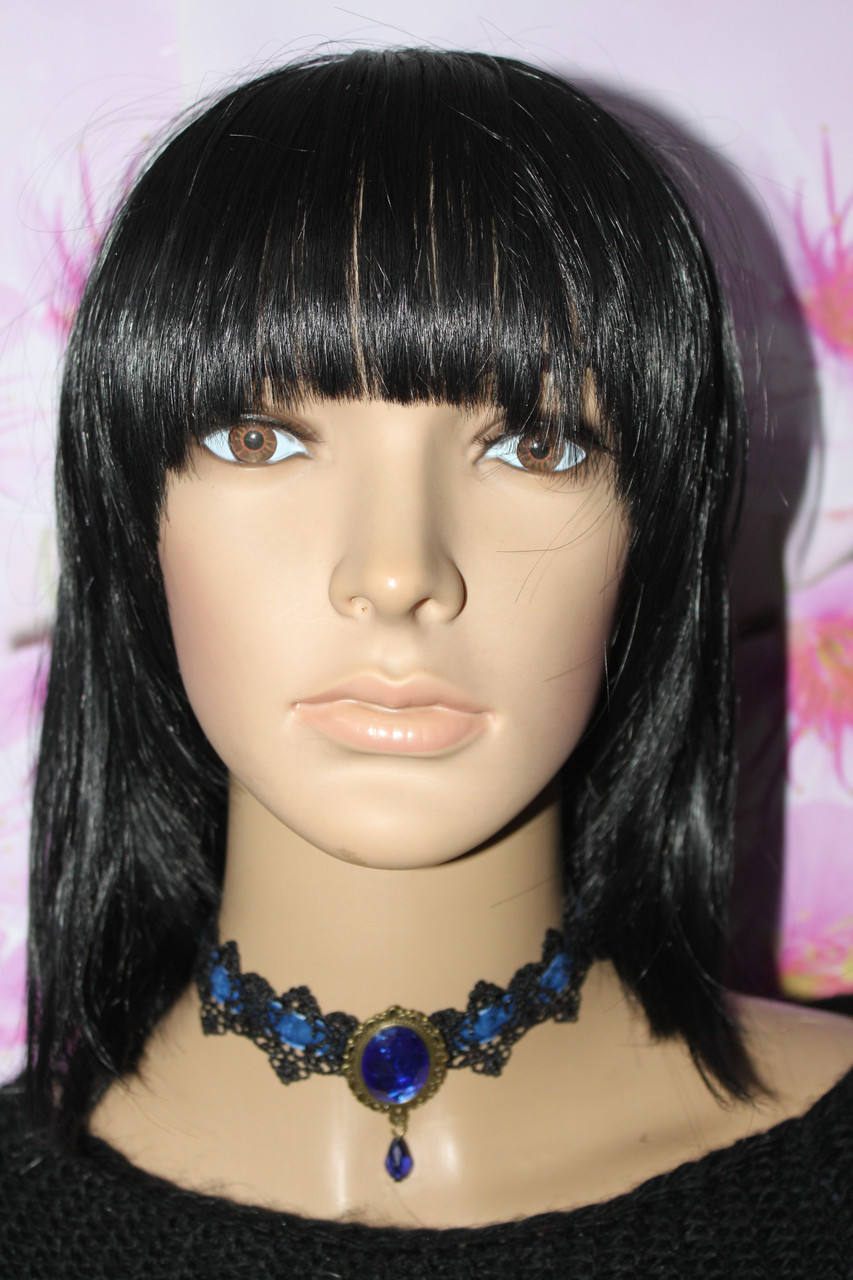 Модний чорний чокер з синьою стрічкою і брошкою, фото 1