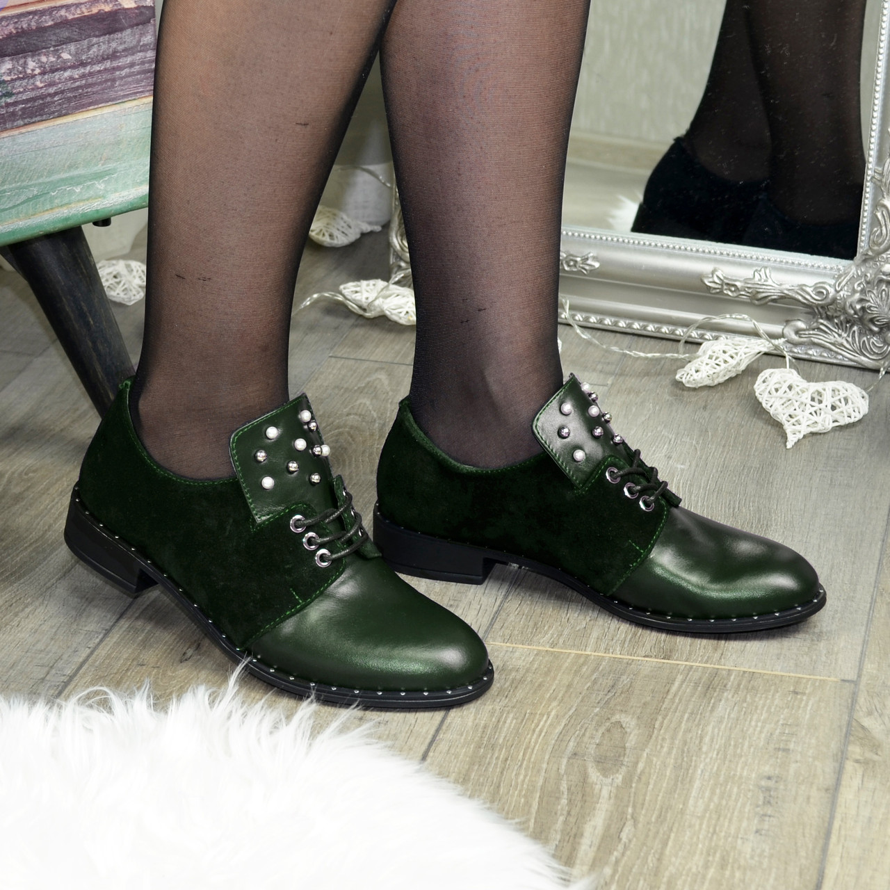 Туфлі зелені жіночі на шнурівці, натуральна шкіра та замша, фото 1