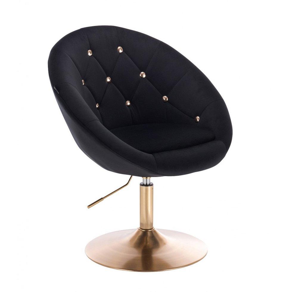 Перукарське крісло на пневматиці Hrove Form HR8516N чорний велюр із золотими гудзиками основа золото