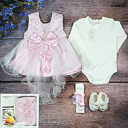 Хрестильний набір з пишним платтям "Рожевого кольору" Розмір: 0-3 місяці (9311-4)