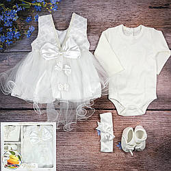 Хрестильний набір з пишним платтям і бантами "Білий" Розмір: 0-3 місяці (9311-5)
