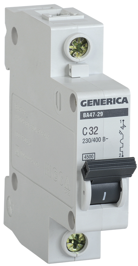 Автоматичний вимикач ВА47-29 1Р 32А 4,5 кА х-ка С GENERICA (5 років гарантії), фото 1