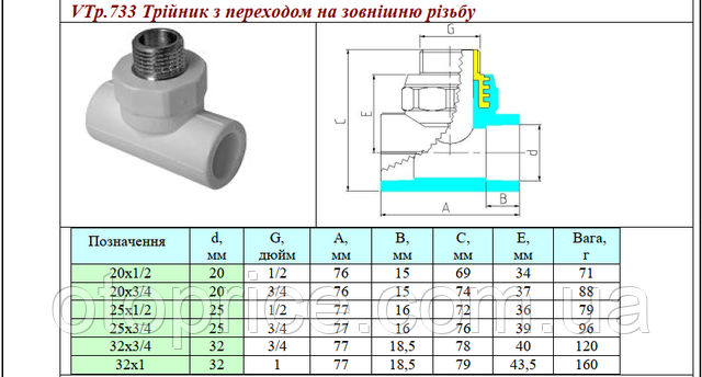 Размеры полипропиленового переходного тройника Valtec VTp.733