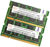 Пара оперативной памяти для ноутбука Hynix SODIMM DDR2 2Gb (1+1) 667MHz 5300s CL5 (HYMP512S64CP8-Y5 AB-C) Б/У