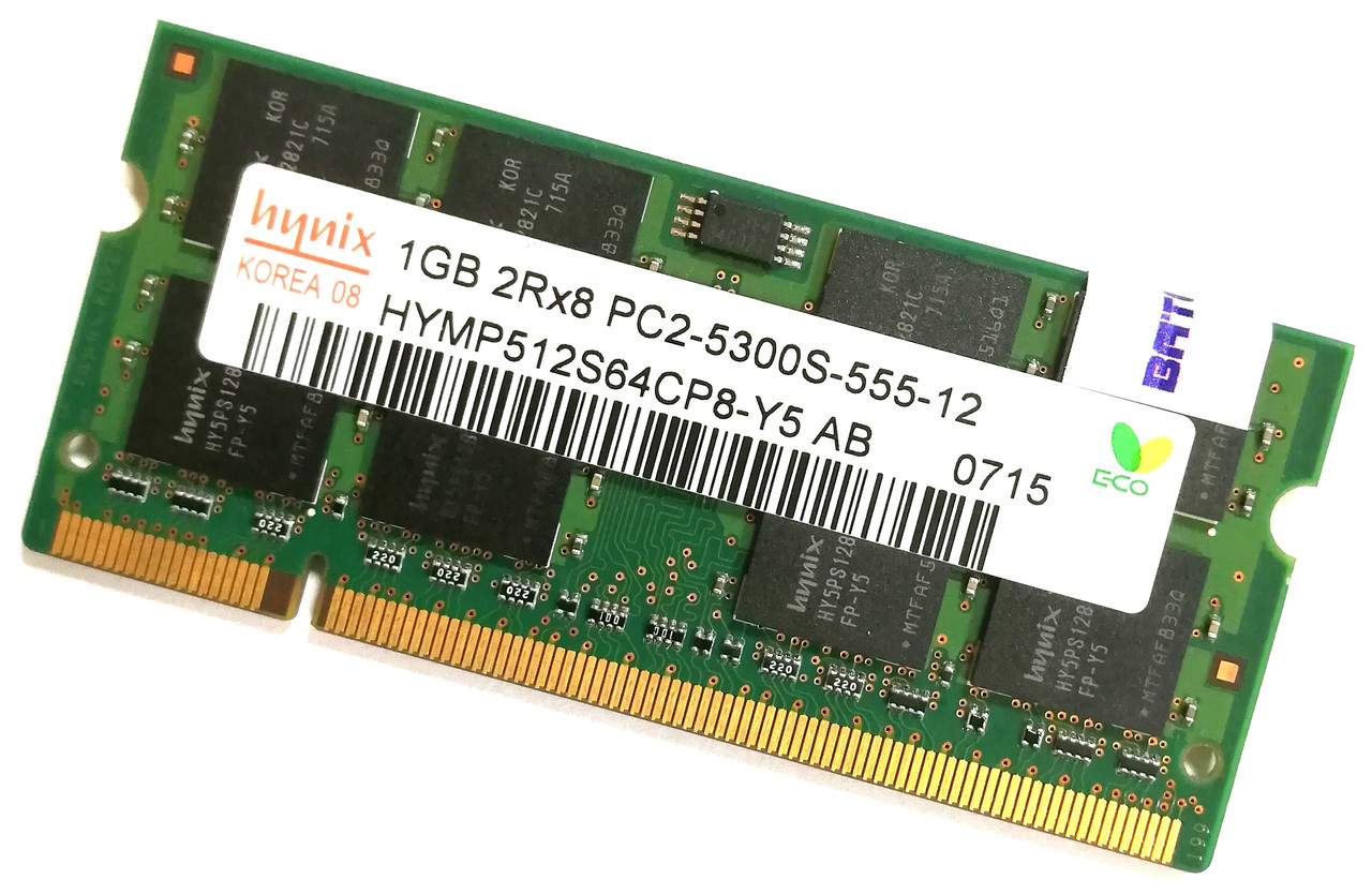 Оперативна пам'ять для ноутбука Hynix SODIMM DDR2 1Gb 667MHz PC2-5300s 2R8 CL5 (HYMP512S64CP8-Y5 AB) Б/В
