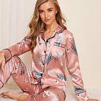Пижама женская атласная на пуговицах. Комплект шелковый для дома, сна с длинным рукавом, р. S (розовый)