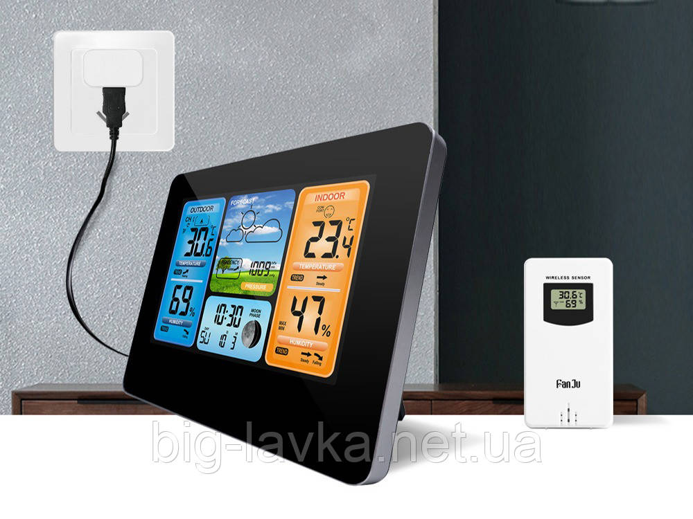 Метеостанція FanJu FJ3373 з гігрометром термометром і барометром цифрова  Чорний, фото 1