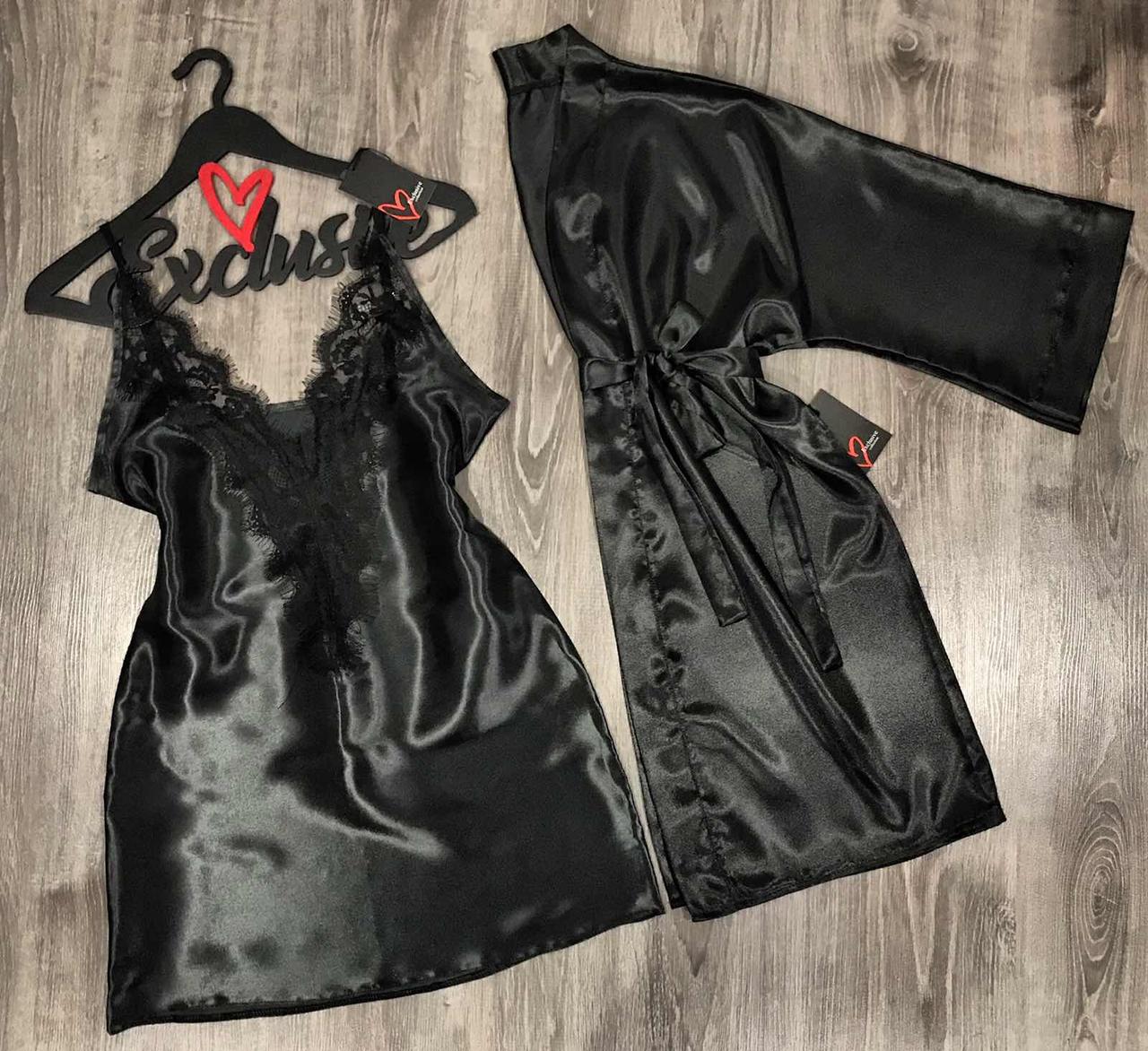 Чорний комплект халат і пеньюар, домашній одяг.