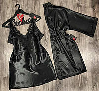 Черный комплект халат и пеньюар, домашняя одежда.