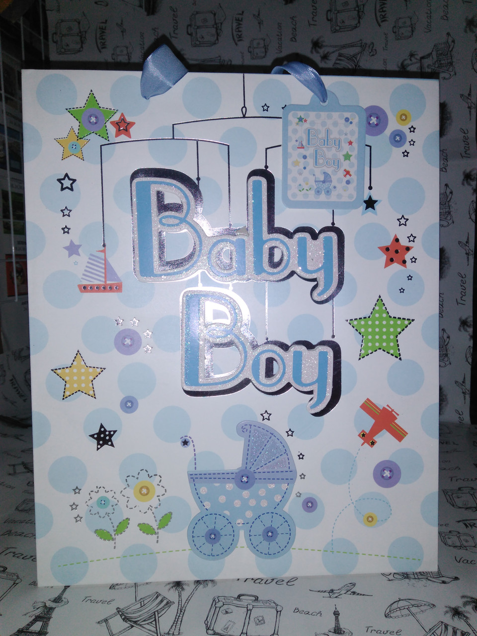 Пакет подарунковий Baby Boy ,накладні елементи, присипка - блискітки, 32*26*12.5 СМ 5506