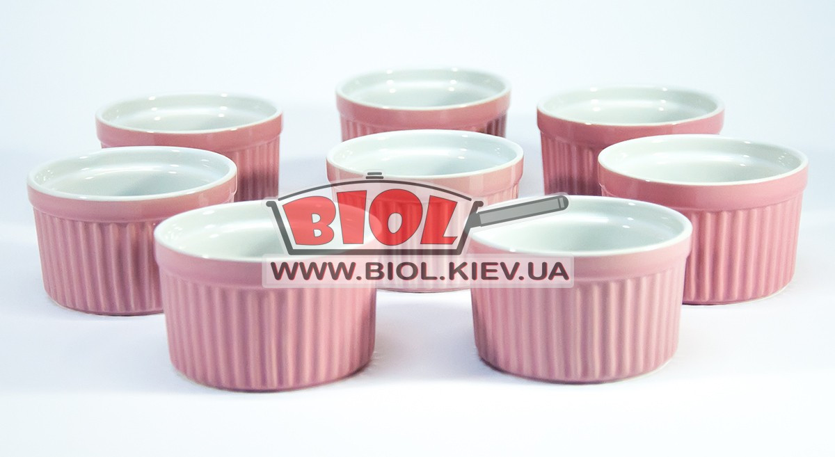 Набір 8 шт. керамічних кокотниць (жульєнниць, соусниць) 130 мл d-7,5 см (колір — рожевий) Stenson 10264, фото 1