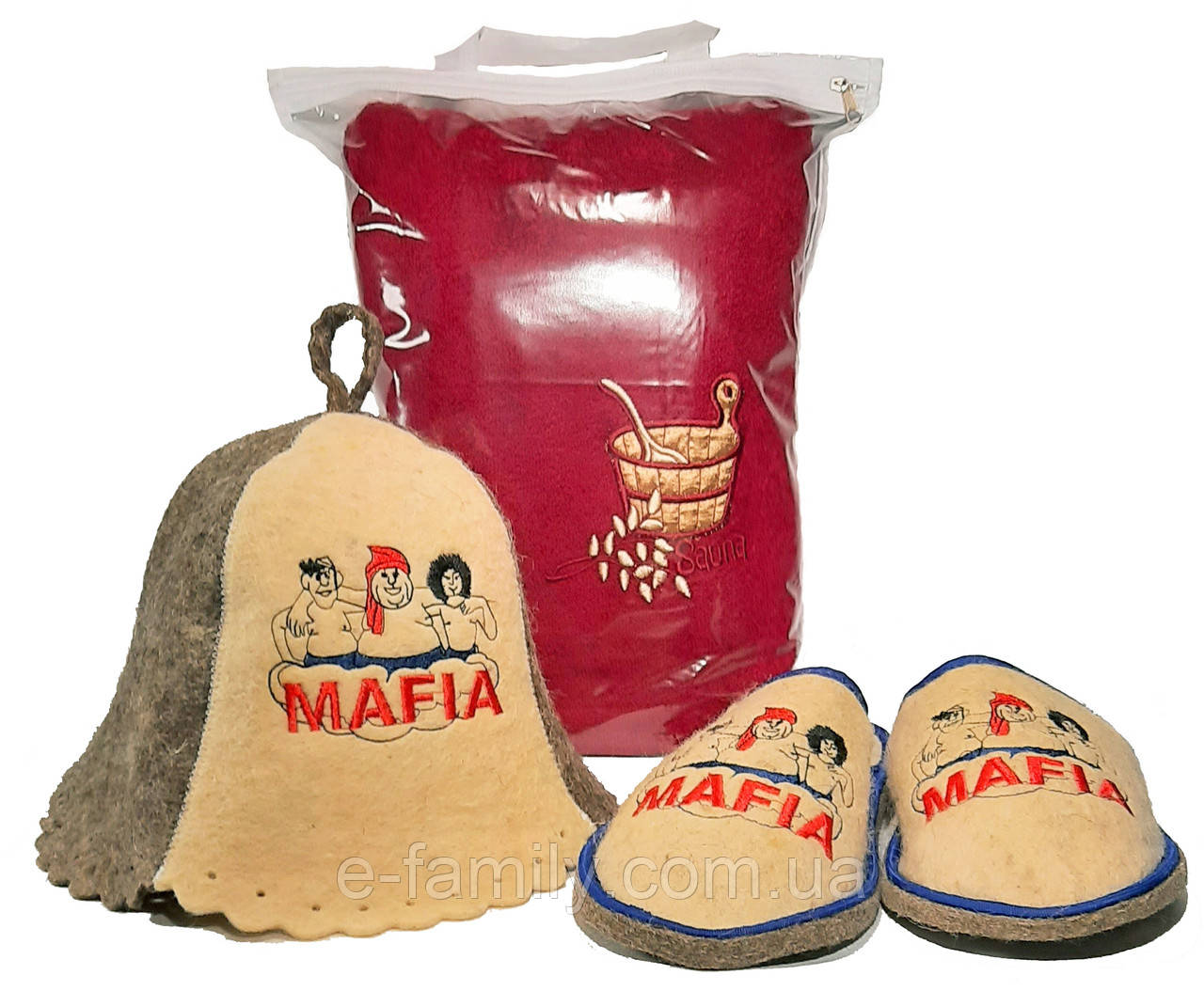 Набір для лазні та сауни чоловічий Мафія (Бордове парео, тапочки 43-44, шапочка) в упаковці