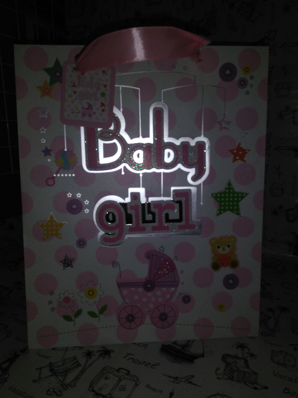 Пакет подарунковий рожевий Baby Girl ,накладні елементи , присипка - блискітки, 26*32*12.5 см 07412