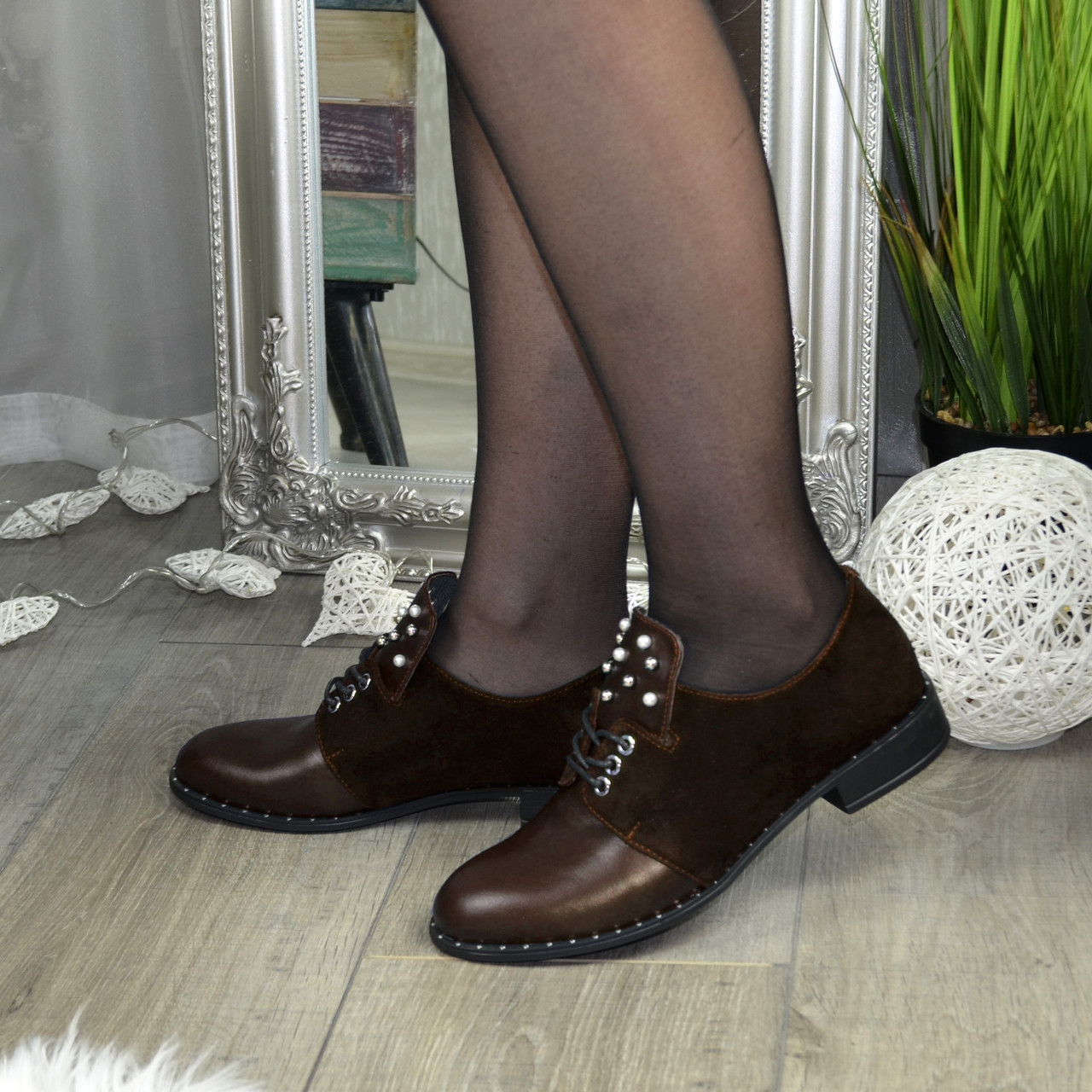 Туфлі коричневі жіночі на шнурівці, натуральна шкіра і замша, фото 1