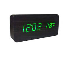 Настільний електронний годинник VST-862 з термометром, темне дерево із зеленим підсвічуванням