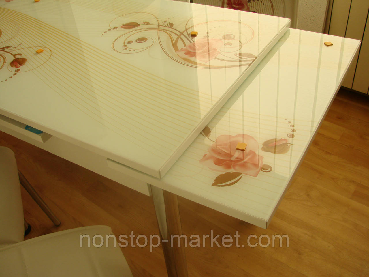 Раскладной стол обеденный кухонный комплект стол и стулья рисунок 3д "Кремовая роза" ДСП стекло 60*90 Лотос-М - фото 2 - id-p555650746