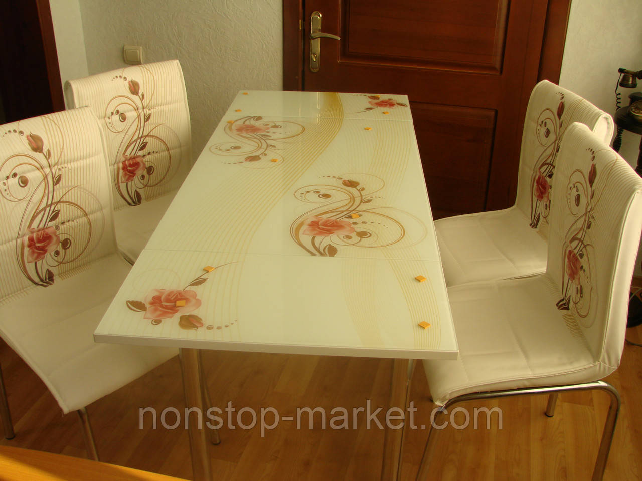 Раскладной стол обеденный кухонный комплект стол и стулья рисунок 3д "Кремовая роза" ДСП стекло 60*90 Лотос-М - фото 3 - id-p555650746
