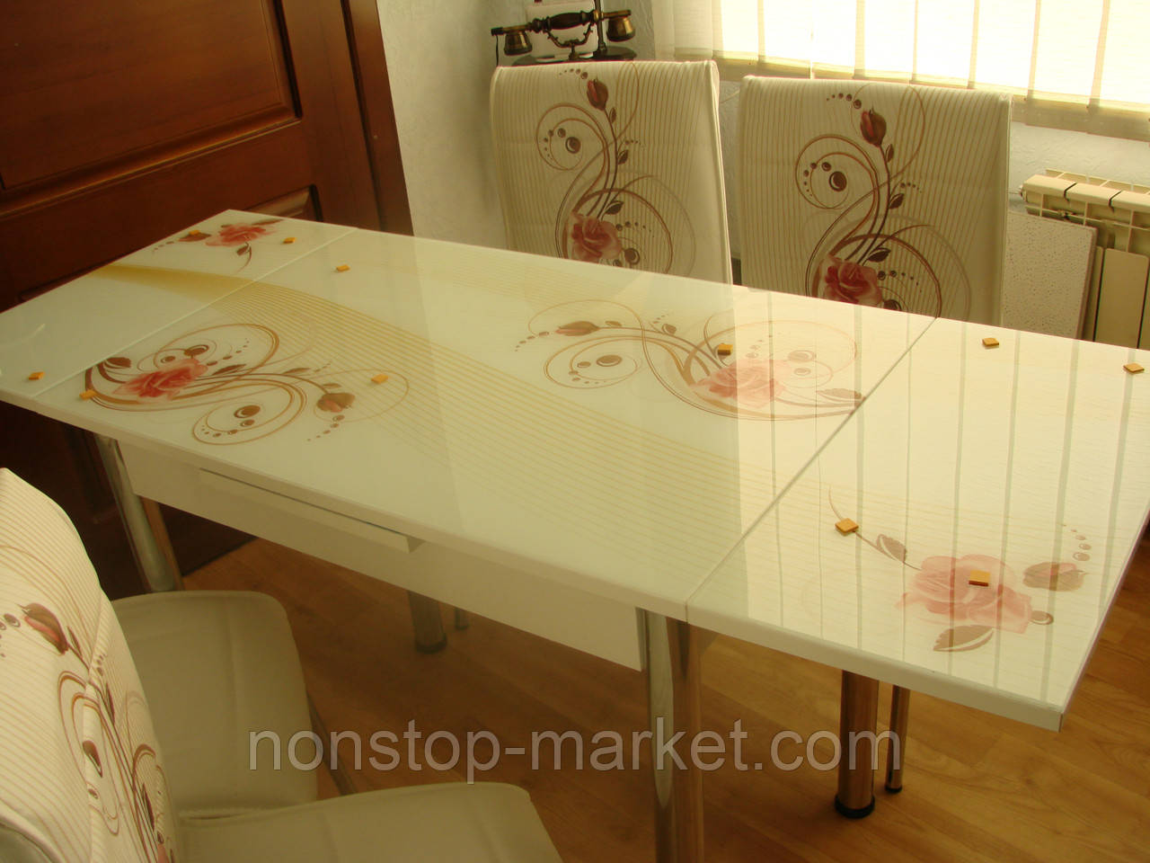 Раскладной стол обеденный кухонный комплект стол и стулья рисунок 3д "Кремовая роза" ДСП стекло 60*90 Лотос-М - фото 1 - id-p555650746