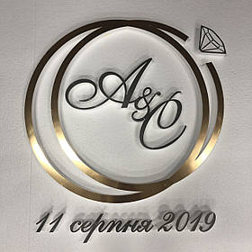 Весільна монограма у формі каблучки з ініціалами та датою з дзеркального пластику  Manific Decor