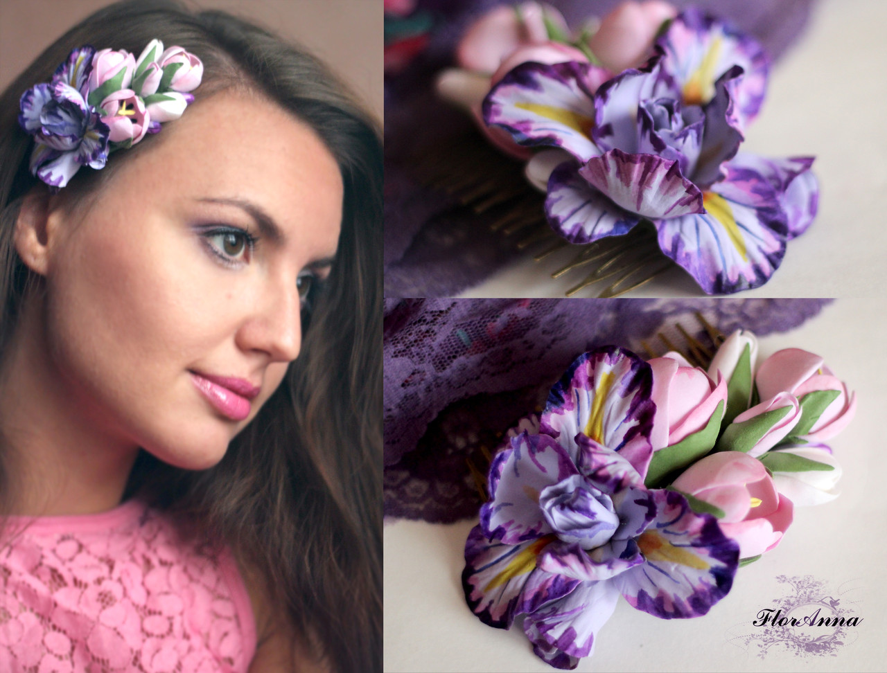 Фіолетовий гребінь для волосся ручної роботи з квітами "Ірис із тюльпанами", фото 1